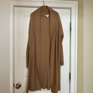 Ribbed Long Cardigan Duster Sweater in Camel Brown